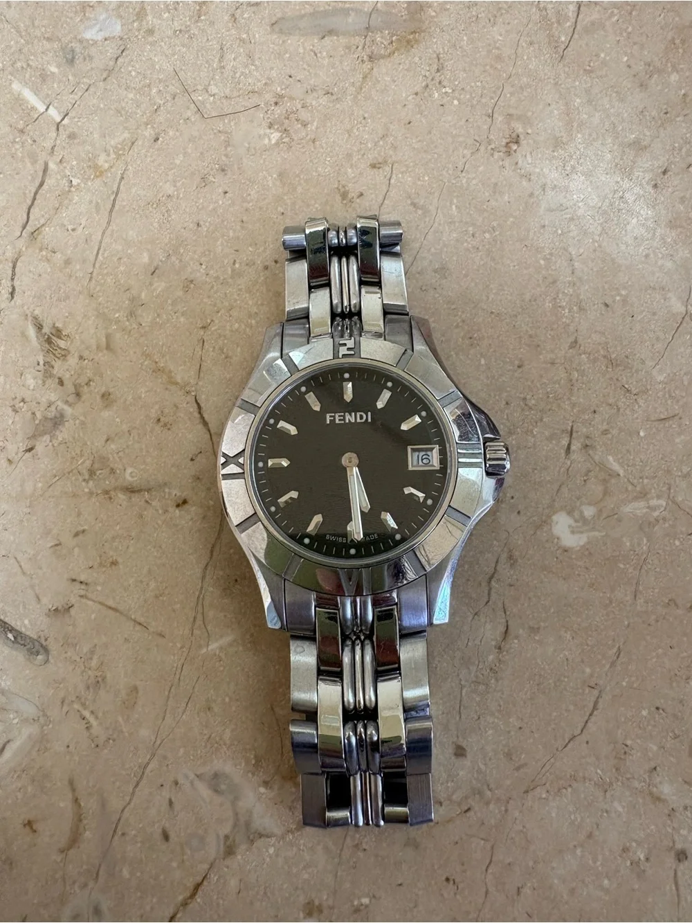 Fendi Silver Stainless Steel Watch with Black Textured Dial
